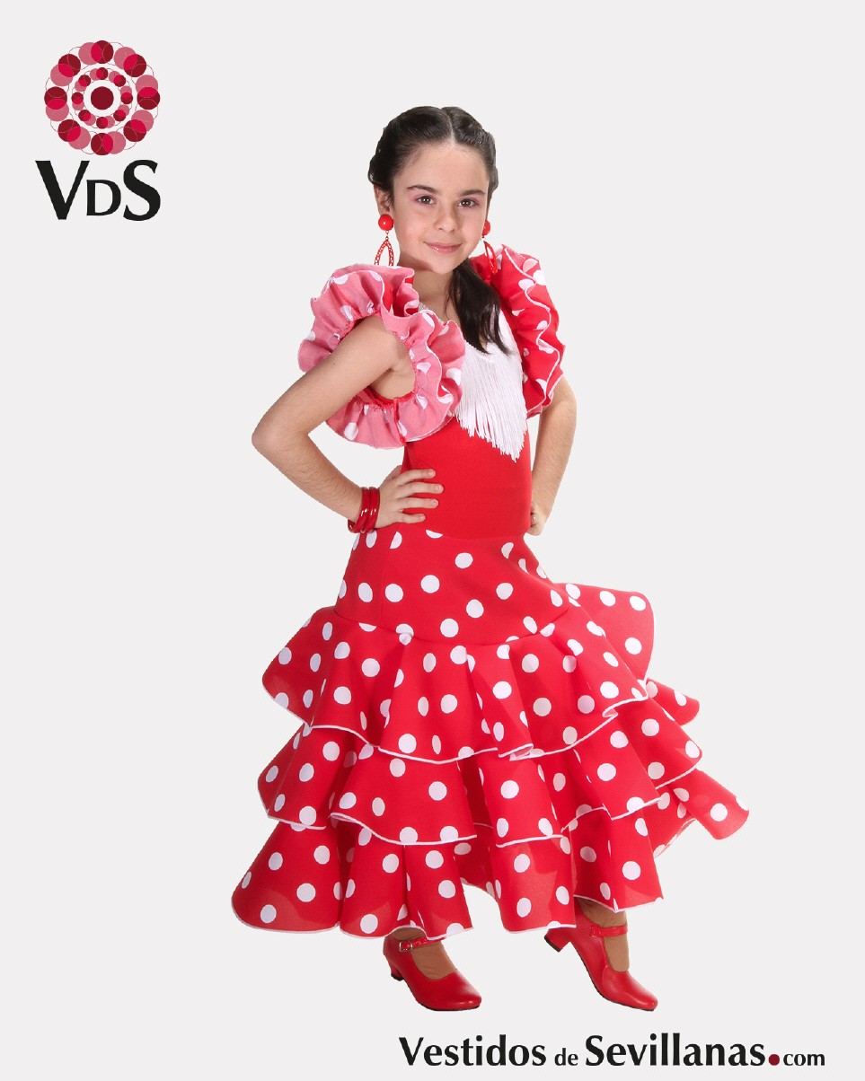 Traje de flamenca largo para niña, rojo con lunares.